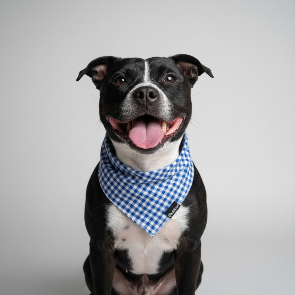 Black and white staffie wearing blue gingham bandana