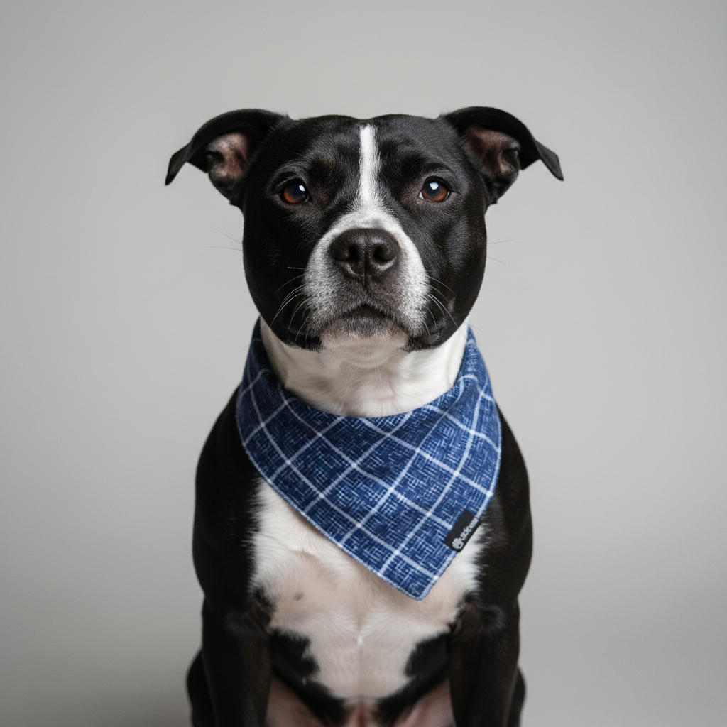 Black and white staffie wearing navy linen crosshatch bandana