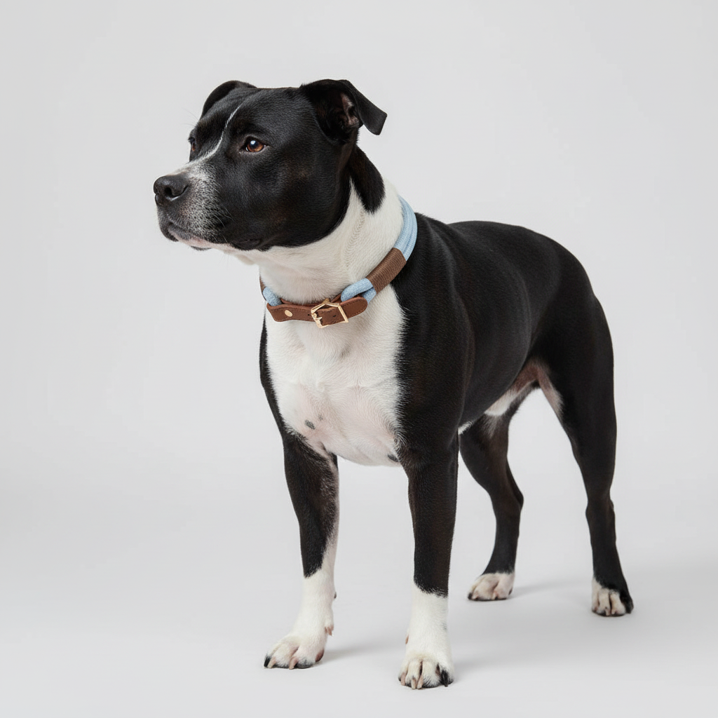 Black and white Staffie with blue collar