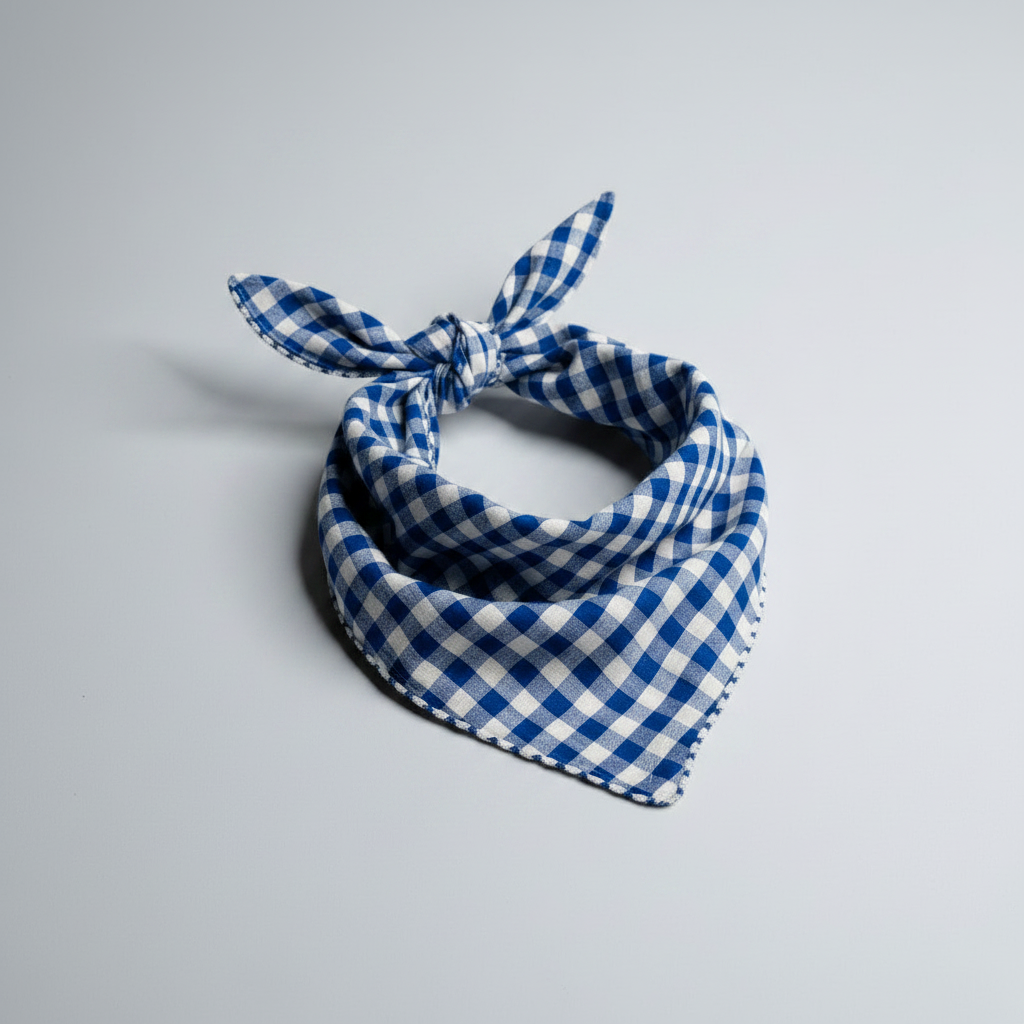 Blue gingham bandana with smaller pattern, no label