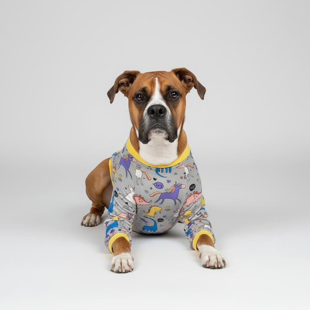 Boxer lying down with light grey background