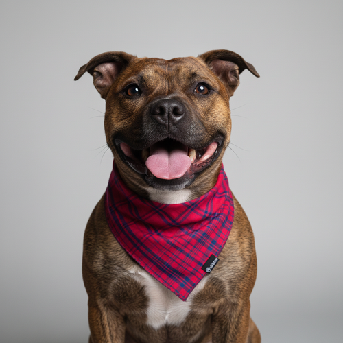 Brown staffie wearing red tartan bandana with label and edge finishing