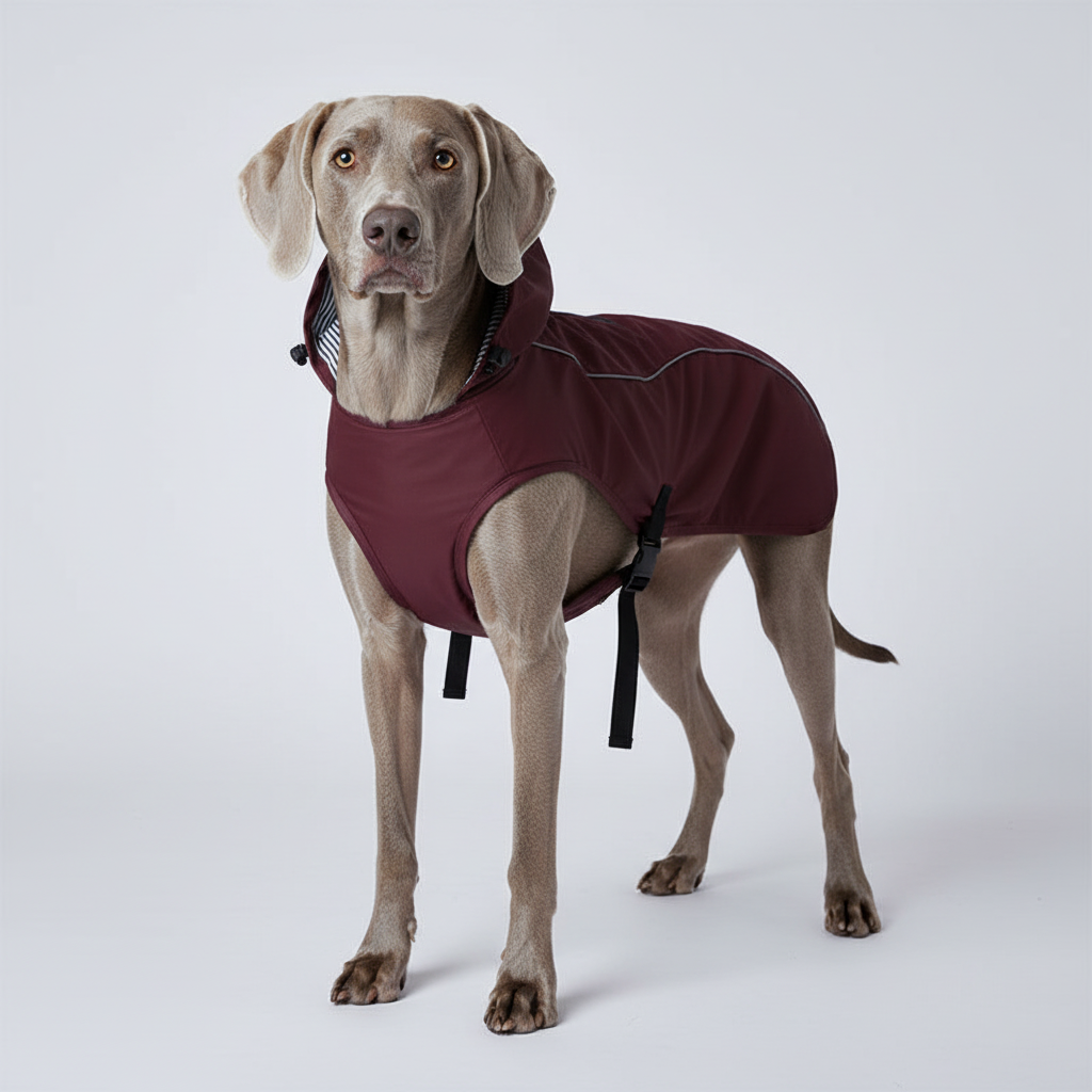 Burgundy raincoat front - hood down