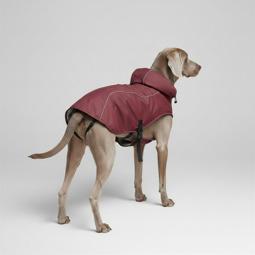 Burgundy raincoat rear three-quarters view - corrected
