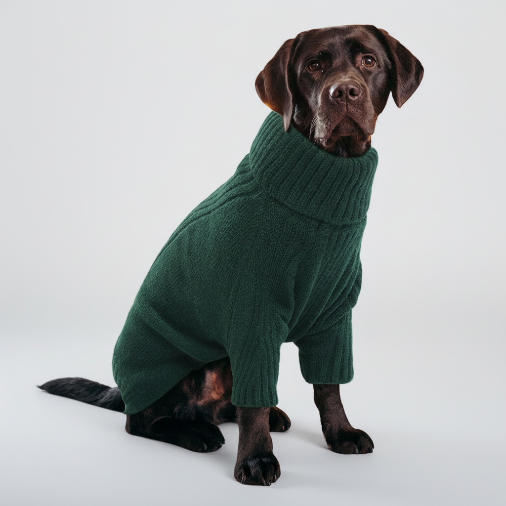 Chocolate Labrador in green sweater