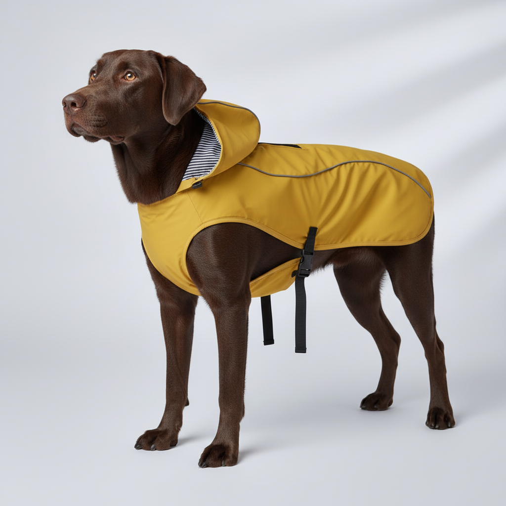 Chocolate Labrador wearing yellow raincoat - front view