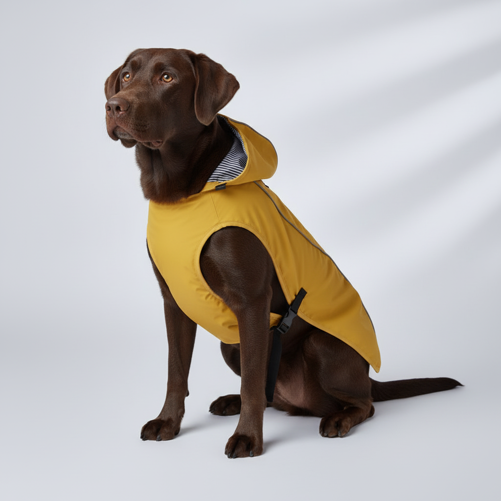 Chocolate Labrador wearing yellow raincoat - seated