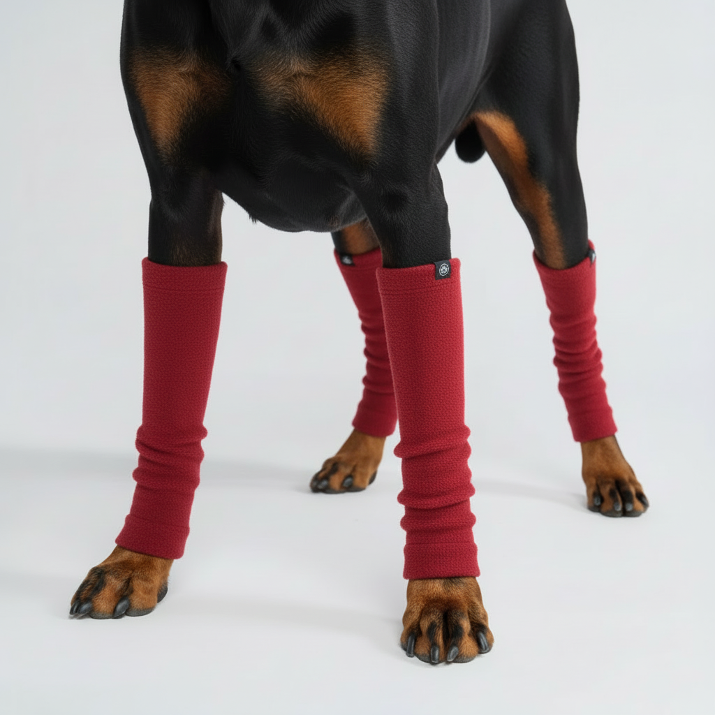 Close-up of Doberman legs with smooth fleece leg warmers