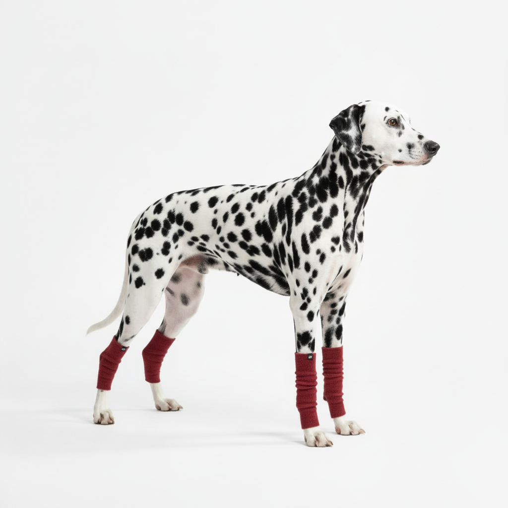 Dalmatian with burgundy leg warmers