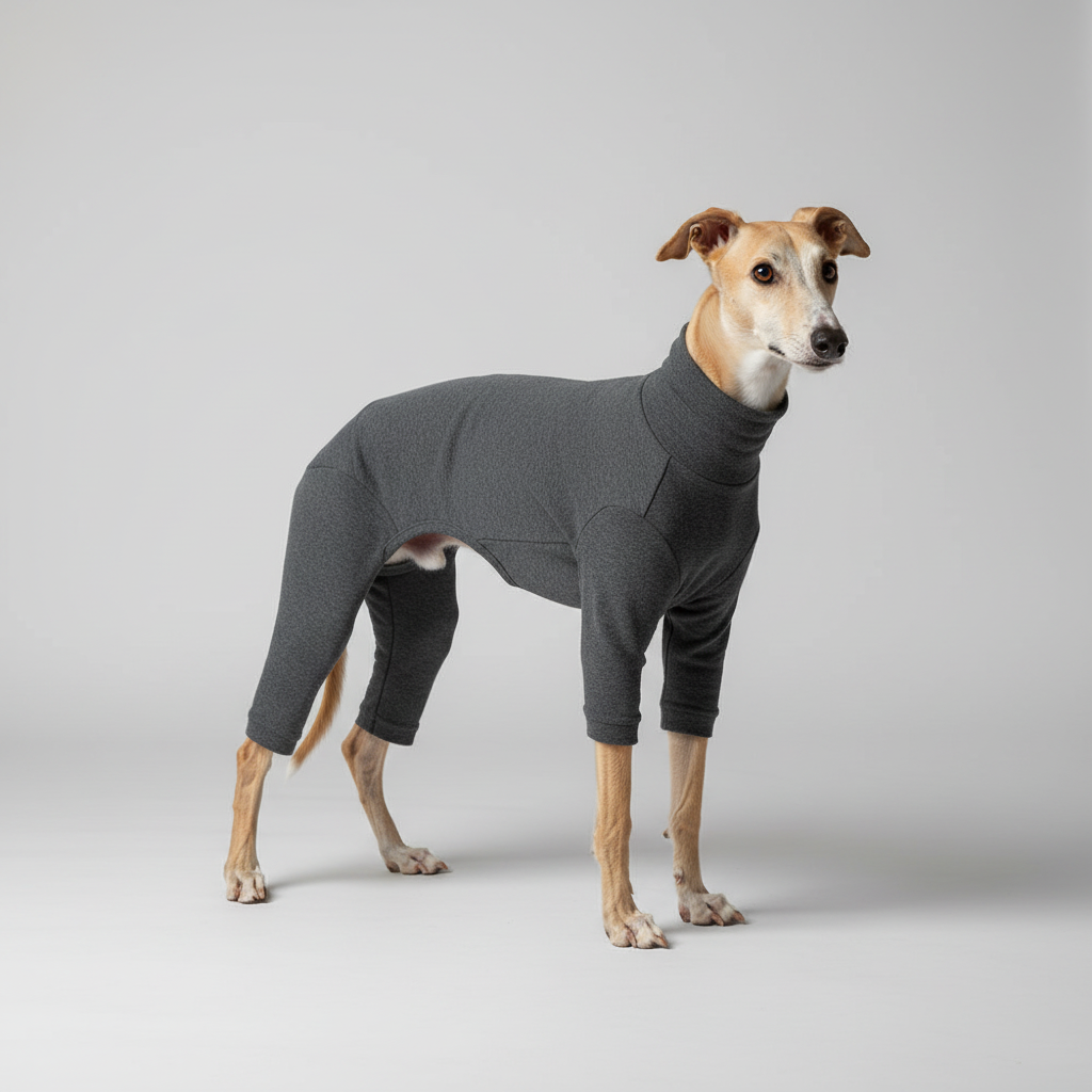 Dark grey greyhound outfit three-quarter