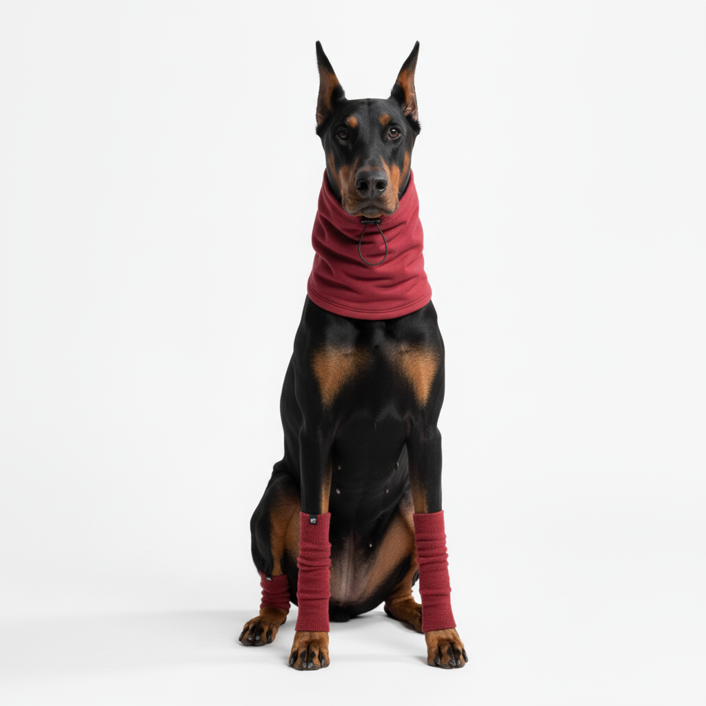 Doberman front view with burgundy leg warmers