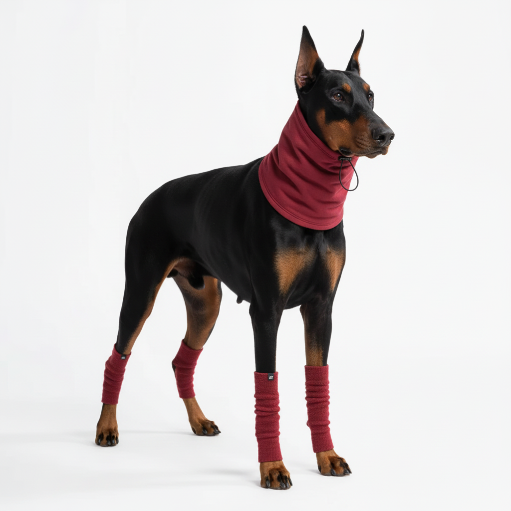 Doberman wearing burgundy leg warmers