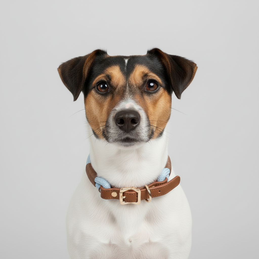 Dog wearing blue collar - front view