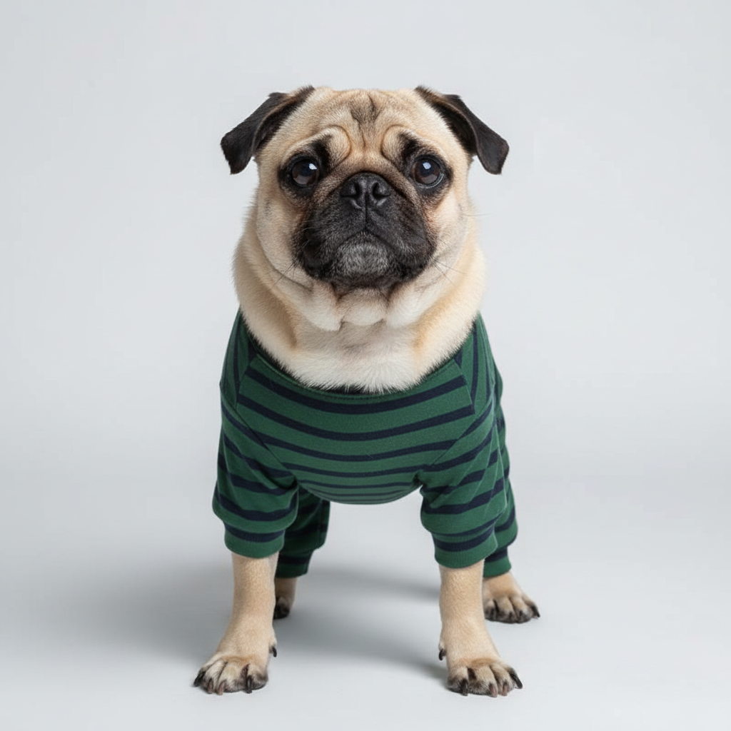 Green striped pajamas pug front