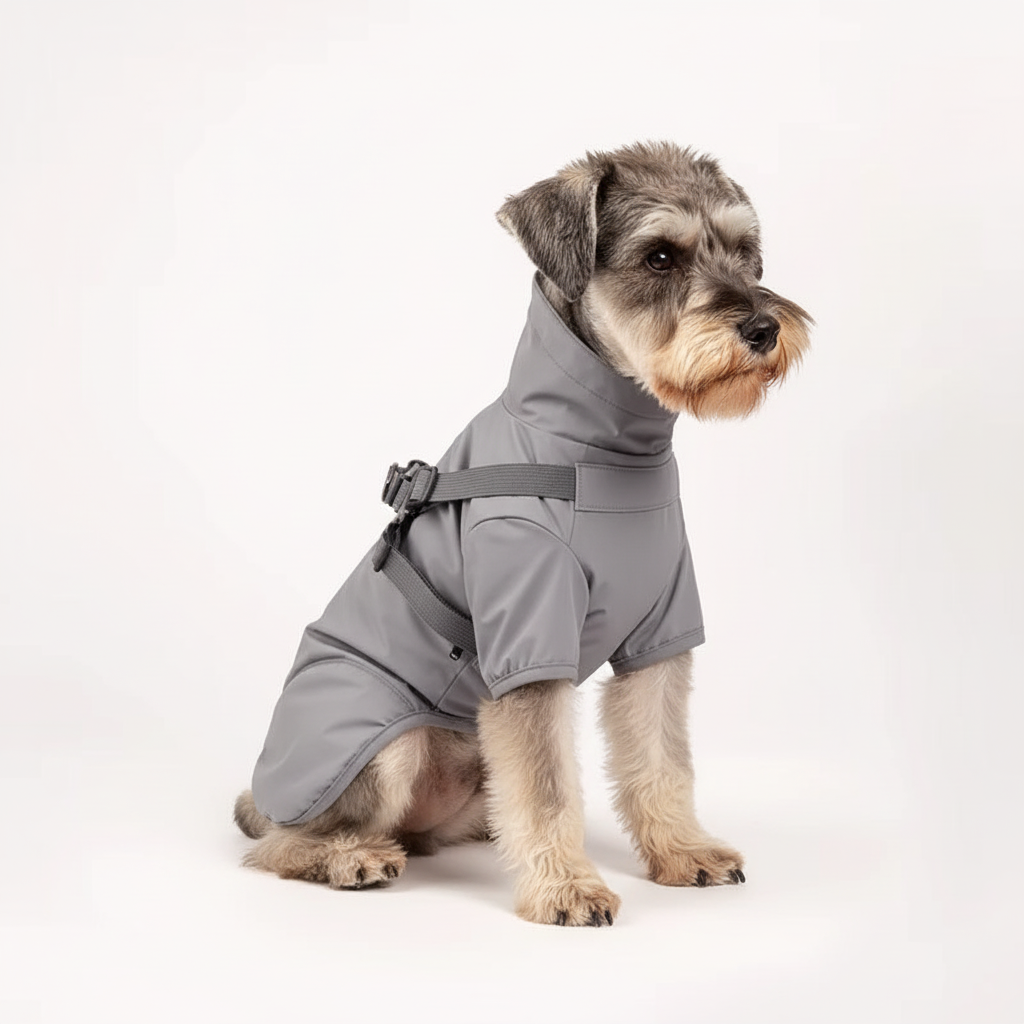 Grey raincoat harness three-quarter