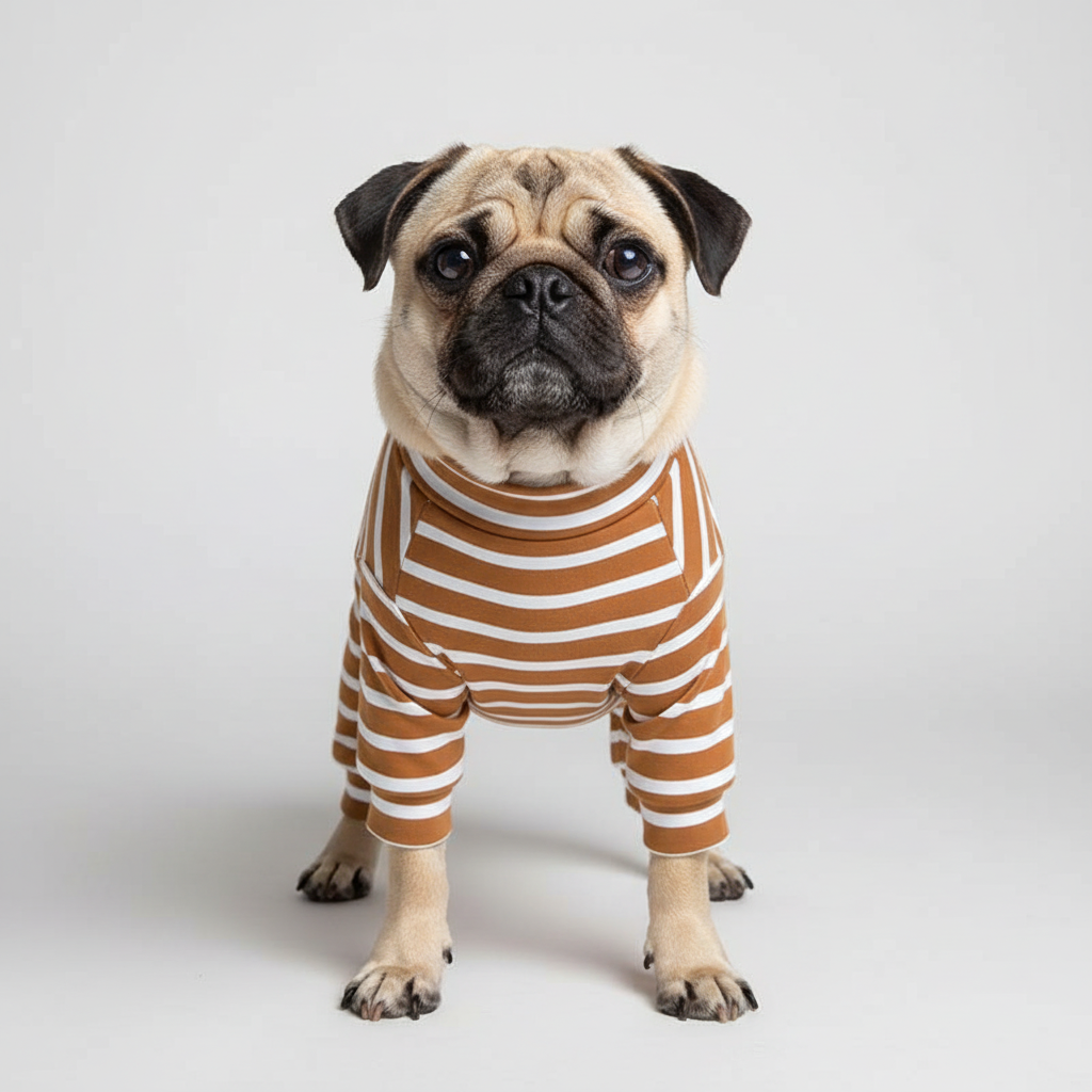 Orange striped pajamas pug front
