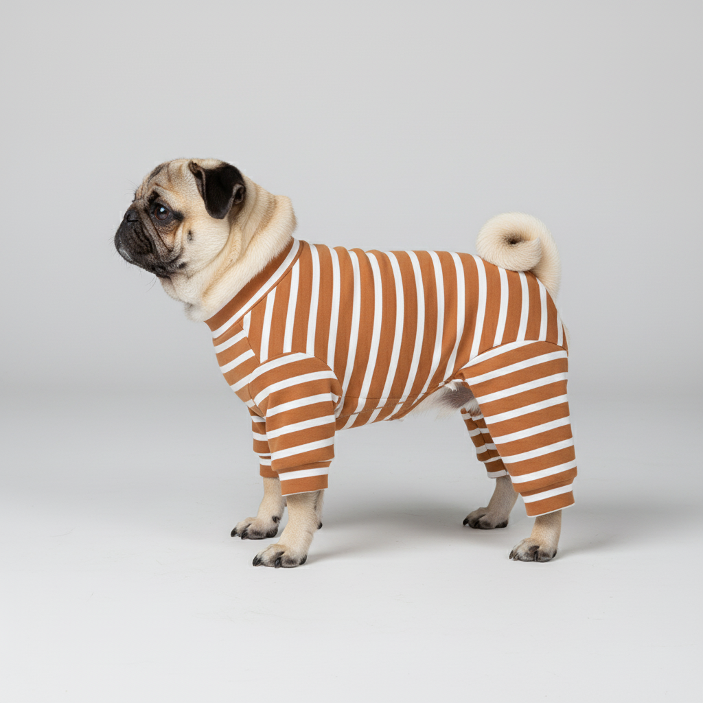 Orange striped pajamas pug side