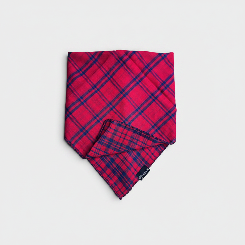 Red tartan reversible bandana showing both sides on light grey background