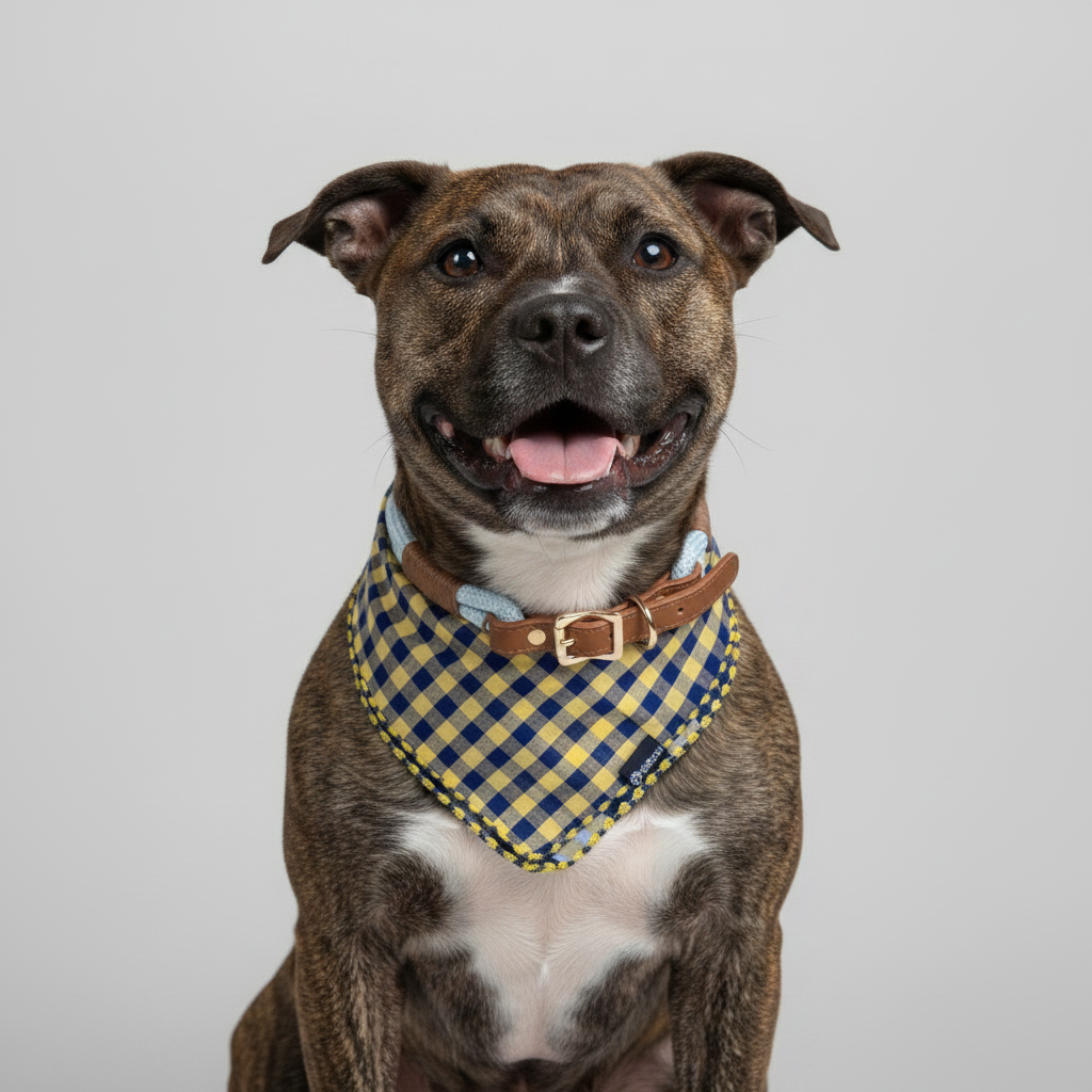 Staffie with collar to the side and DidiPaw label on bandana
