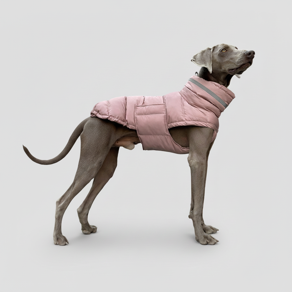 Weimaraner in Pink Puffer Vest – Improved Tail