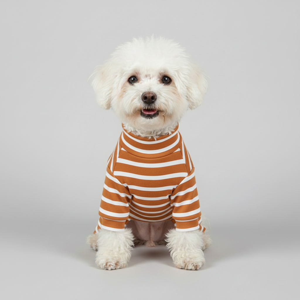 White fluffy dog in horizontal striped pajamas