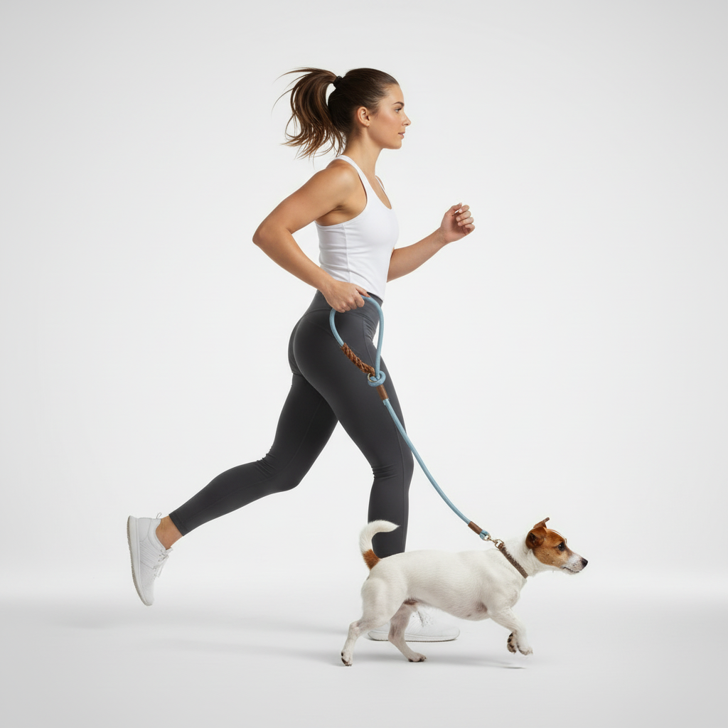 Woman jogging with Jack Russell using braided handle leash